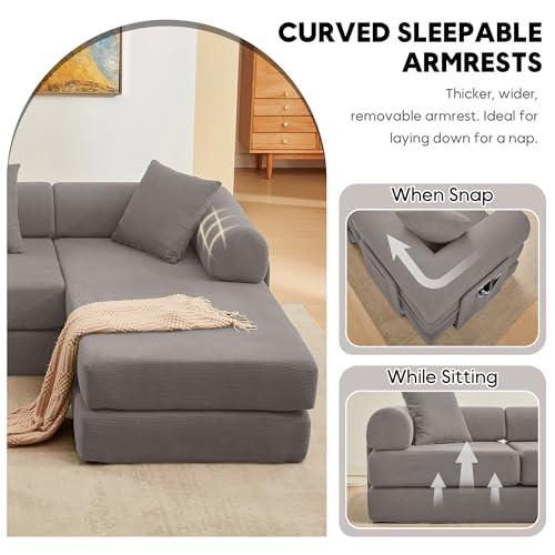 Image of 107 inch Modular Sectional Sofa Bed, L-Shape Corduroy Boneless Couch, Grey