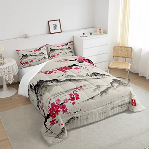 Cherry Blossoms All Season Bedding Set Japanese Fuji Mountain Comforter Set For Kids Boys Girls Japanese Style Comforter Watercolor Vintage F2 Pillowcases 3Pcs Full Size #TOP3