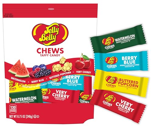 Adams & Brooks, Inc. Jelly Belly Chews Taffy Candy Individually Wrapped Chews – Buttered Popcorn, Watermelon, Berry Blue and Very Cherry Chewy (8.75 Ounce)