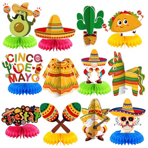 Image of 12 Pcs Cinco De Mayo Fiesta Honeycomb Table Centerpiece 7.3 Inch Mexican Party Decoration for Fiesta Mexican Themed Taco Party Birthday Day of The Dead Decor Supplies