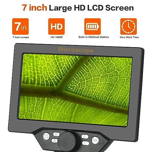 Image of Koolertron 7 inch LCD Digital Microscope 12MP 1-1200X Magnification - Handheld USB Microscope Camera with 32GB TF Card, 8 Adjustable LED Lights & Rechargeable Battery - Portable for Coin /PCB /Insect /Rock