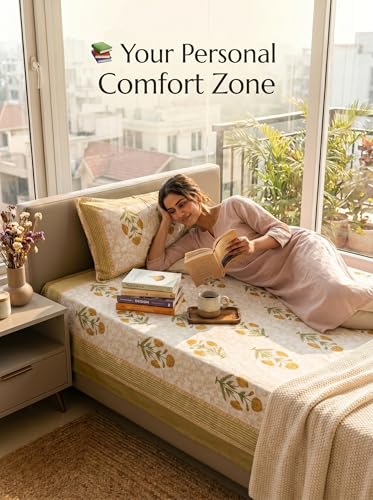 Image of Mafatlal 144 TC Pure 100% Cotton Twin Bed Sheet with Pillow Cover | 90x60 inches | Bedcover for Single Size Bed, Jaipuri Prints | Light Yellow