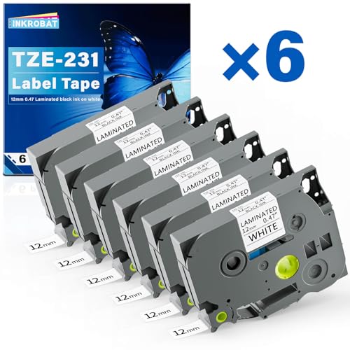 TZE-231 Label Maker Tape 12mm 0.47 Laminated Black on White Replacement for TZ TZE TZE231 1/2 x 8m Tape Cassette for Ptouch PT-D220 PTD220 D220 PT-D210 PTD210 PT-H110 PT-D200 PT-D400 D410 (6 Packs)