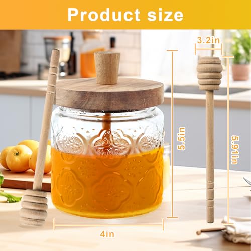 Ydzqdxzz 17Oz Honey Jar With 3 Wooden Dippers,Glass Honey Pot Container Dispenser,Clear Glass Honey Container For Home Kitchen,Store Honey And Syrup,Easy To Clean thumb #1