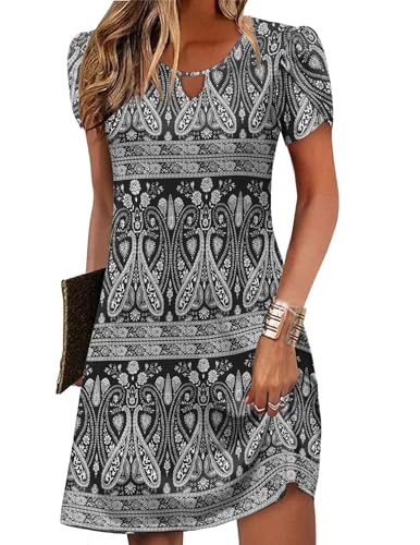 Zeagoo Women's Black X-Large Sundress with Pockets, Swing Dress, Short Sleeve, Round Neck, Above the Knee, Casual, Summer