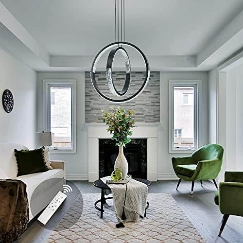 IKK Modern LED Chandelier, Dimmable with Remote Control, Acrylic in Crystal Shape Light Fixture, 2 Rings Pendant Lighting for Dining Living Room Bedroom Kitchen, Foyer, Dark Grey (D=19.7")