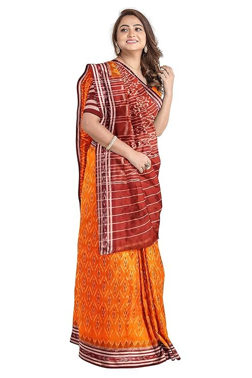 Image of Ikat Women's Cotton Saree, Handmade Pure Cotton Khandua Saree, Ikkat Orissa Traditional Handloom Saree Without Blouse