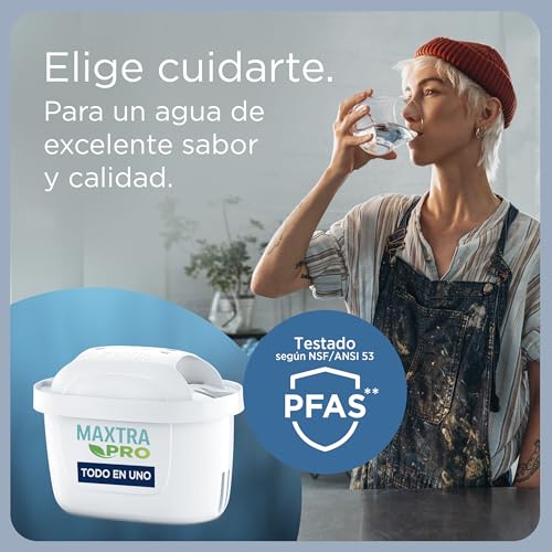 Mujer tomando un vaso de agua filtrada que resalta los beneficios del cartucho BRITA MAXTRA PRO para un agua de excelente sabor y calidad.