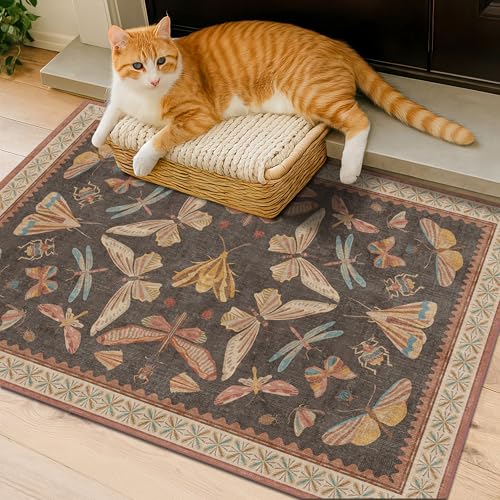 Vintage 2x3 Entry Way Rugs Indoor, Stain Resistant Washable Kitchen Rugs Non Slip, Small Soft Carpet for Bathroom, Powder Room, Insect Boho Indoor Décor, Low Pile & Stain Resistant (Orange a