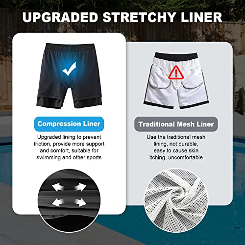 Mens Swim Trunks With Compression Liner, 7 Inch Inseam Stretch Quick Dry Swim Trunks For Men Swimming Trunks, Sea Palm Tree Leaf Mens Board Shorts Swimwear Bathing Suit Beach Shorts, 3X-Large #TOP2