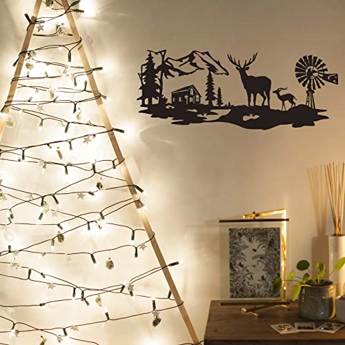 Deer And Windmill Metal Wall Art Decor Farmhouse Cabin Art 7X17.3 Inch House Decorations For Living Room Bedroom Bathroom Rustic Forest Hunting Mountain Decor For Indoor Outdoor Lodge Christmas Presents Gifts #TOP2