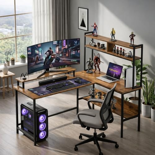 Image of TEKAVO Tonny L Shape Table for Home Office, Computer Table for Home Pc, L Shaped Office Table, Gaming Work Desk | with Book Shelf + Monitor Riser, Brown Wood, Metal (124 x 48 x 75 Cm) | DIY
