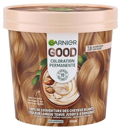 Garnier - Tinte permanente para el cabello – Sin amoniaco – 90% ingredientes de origen natural – Manteca de karité – 100% cobertura para cabellos blancos – GOOD rubio oscuro almendra 7.0