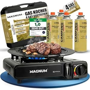 Magnum® Gaskocher [inkl. 4x Gaskartuschen + Grillplatte] - robuster Campingkocher mit Gaskartusche [Notfall Ausrüstung] – Gaskocher mit Kartusche 1-flammig – Campingkocher mit Piezozündung