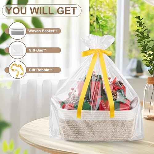 Image of OIAHOMY Woven Basket, Gift Basket Empty with Gift Bags and Ribbons, Rope Baskets for Baby Showers, Storage Baskets with Handles for Nursery, Pet Toy Organizer - Brown & White