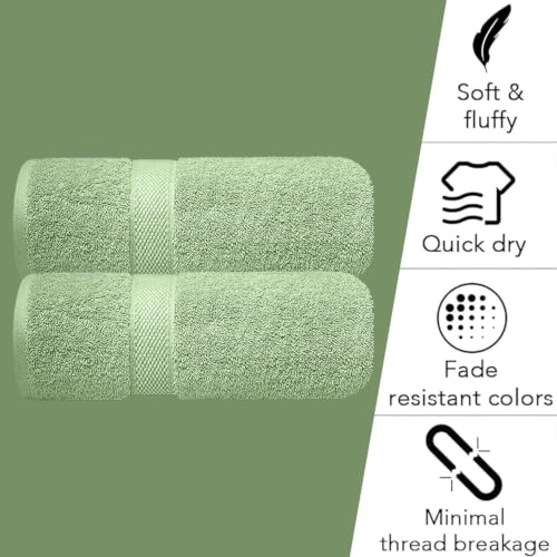 Image of Sulfar 100% Combed Cotton, Quick Drying Highly Absorbent Thick Bathroom Towels, Luxury Bath Towel Set (Pack of 2, 70 X 140 cm) - 600 GSM (Nature Green)
