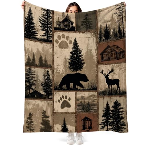 DEMCEAR Rustic Cabin Throw Blanket Hunting Wildlife Bear and Deer Lodge Brown Vintage Patchwork Plaid Soft Cozy Flannel Fleece Blankets for Living Room Bedroom Couch Sofa Bed Home Decor, 50x60 Inch