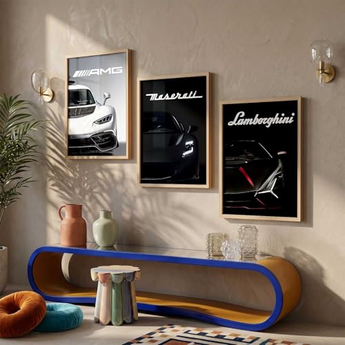 Image of kotart Big Lamborghini Maserati Mercedes AMG Cars Framed Posters Gift Items for Boys Room Wall Decoration Bedroom Living Room Office Studio Decor | Car Poster Frame for Wall Decor Set Of 3 Size (35x37 Inch)