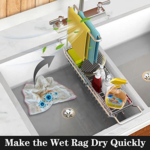 Sink Caddy, Expandable Kitchen Sink Organizer,Stainless Steel Sponge Holder For Kitchen Sink,Over Sink Kitchen Caddy With Dishcloth Towel Holder,Telescopic Sink Rack For Soap,Scrubber Brush, Bottles #TOP3