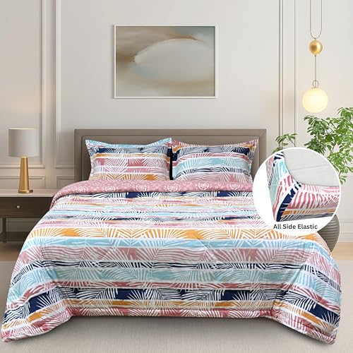 Image of Signature Reversible Super Soft Double Bed Comforter /Quilt Set 350GSM 88x90 inches, and Fitted Elastic Bed Sheet with Pillow Covers (Stripes with Vibes, Comforter Set)