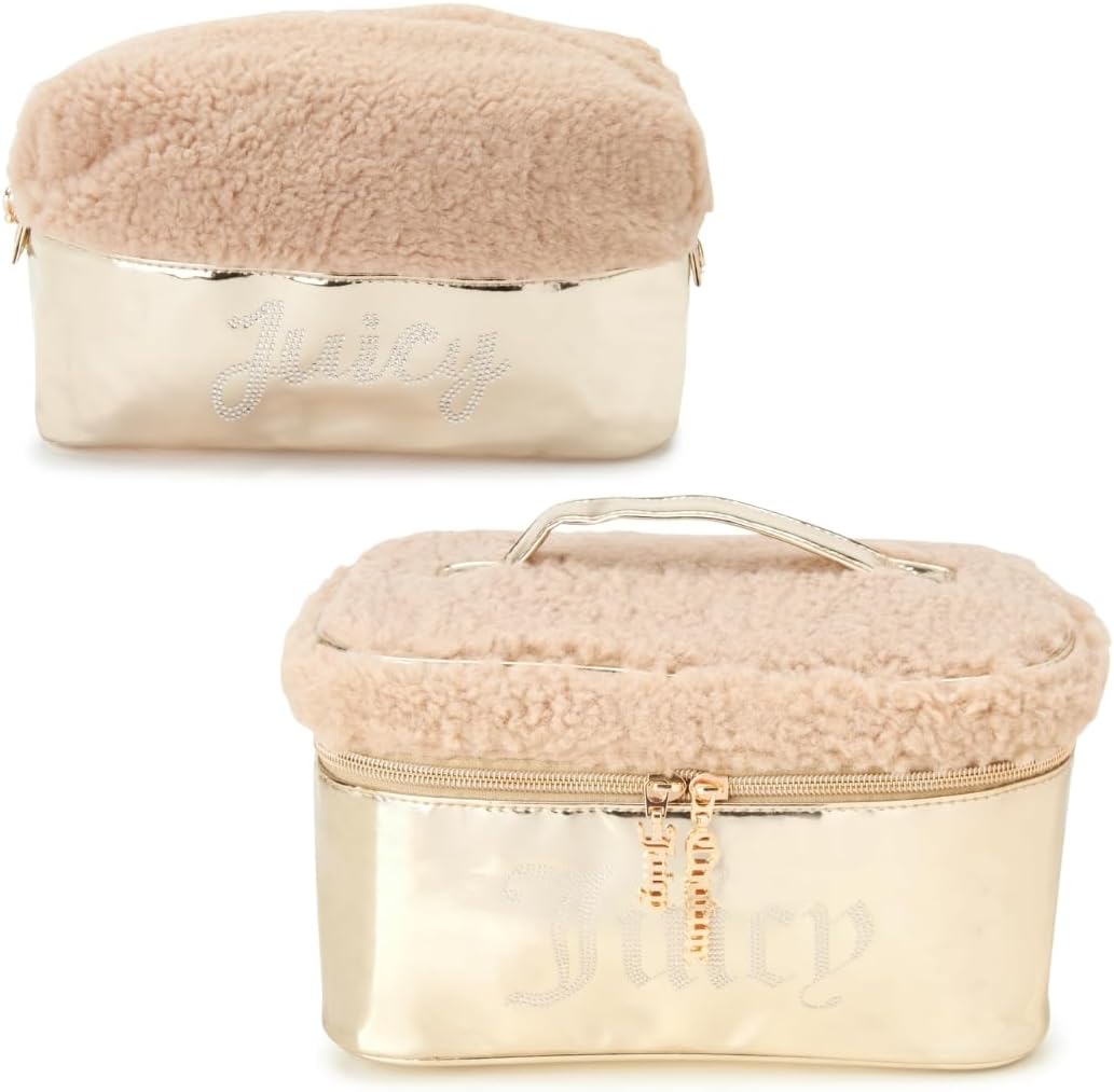 Juicy Couture Shiny Rhinestones Faux Shearling Gold Makeup Bag Cosmetics Organizer Travel Essentials Set