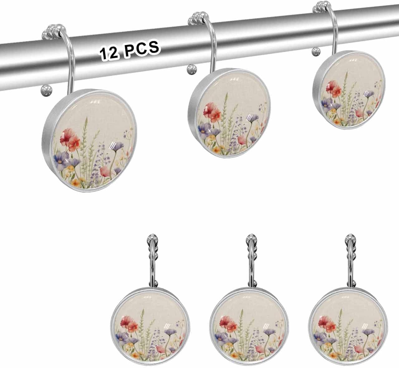 Shower Curtain Hooks 12 Pcs, Spring Wildflowers Floral Plant Leaves Linen Stainless Steel Rust Proof Rolling Shower Curtain Rings, Decorative Shower Curtain Hooks Hangers for Bathroom