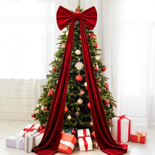 20 x 71 Inch Extra Large Velvet Bows for Christmas Tree - 1 Pack Giant Velvet Bow Christmas Tree Topper Decor with Long Streamers for Xmas Tree Front Door Home Party Bow Ornaments (Red) - image 1