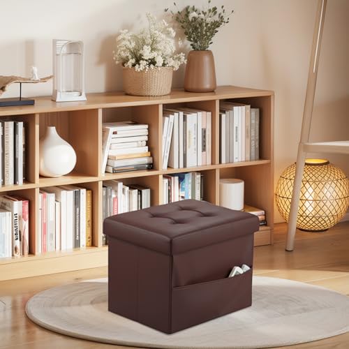 Image of Bsketa Storage Ottoman Bench,17 Inch Folding Leather Foot Rest Stool, Brown | Small Ottoman with Side Pockets, Thicker Foam Padded Seat, Livingroom, Dorm, Bedroom, Easy to install, 43L,17x13x13in