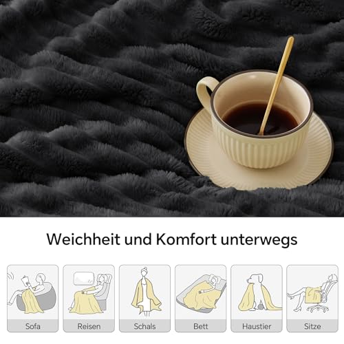 BEDELITE Kuscheldecke Flauschig Decke Klein - weiche Flanell Decken Schwarz 125x150 für Sofa, Deko Streifen Cord Fleecedecke als Sofaüberwurf für Wohnzimmer, Throw Blanket Wide Use