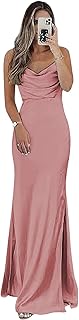Long Satin Bridesmaid Dresses Spaghetti Straps Cowl Neck Formal Evening Dress with Slit - Buy now