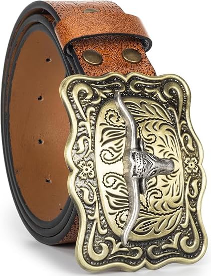 Western-Cowboy-Belts for Women Men Vintage Floral-Engraved Bull Head Buckle Cowgirl-Waist-Belt for 25 to 38
