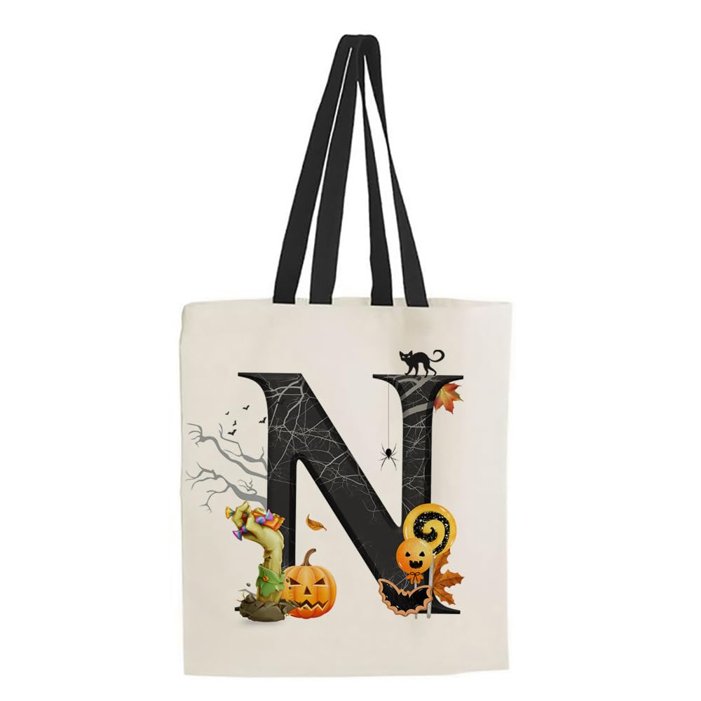 Halloween Bags, Initial Tote Bag, Gifts for Girl, Trick or Treat Bag, Halloween Pumpkin Party, Girl Gift, Reusable Bag, Shopping Bag, Black Handle Tote Bag. (N)