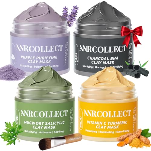 ANRCOLLECT Face Masks Set for Women, 4Pack Clay Facial Mask, Charcoal, Vitamin C, Mugwort, Purple Clay Mask, Face Masks Skincare, Spa Facial Kits for Pore Cleansing and Refinning, 280G