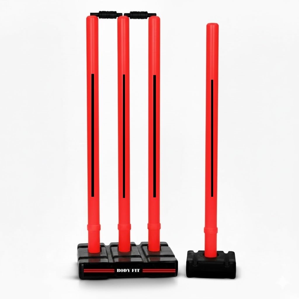Bodyfit Cricket Stumps | Plastic Wickets Set with 4 Stumps + 2 Bails + 2 Stands | Full Size Wickets for Cricket Ground, Tournament Wicket, Floro Red-Black.-image-7