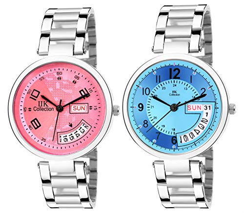 Image of IIK COLLECTION Round Dial Stainless Steel Bracelet Chain Analogue Day & Date Functioning Watch For Women And Girls, Dial Color-Assorted