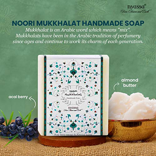 Image of Nyassa Noori Mukkhalat Handmade Soap 150 gm with a Middle Eastern fragrance and with natural ingredients like vitamin-rich acai berry extracts and almond butter.