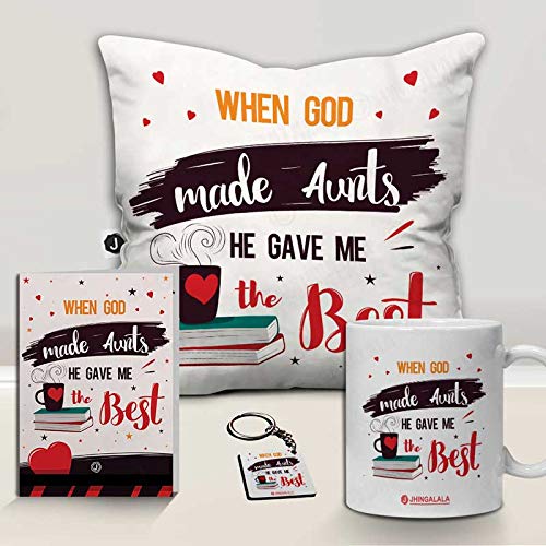 Jhingalala When God Made Aunts He Gave Me The Best Printed Cushion Mug Key Chain Greeting Card Combo Gift Pack | Gift for Aunty Birthday, Gift for Aunty, Birthday Gift for Aunty, Gift for Chachi