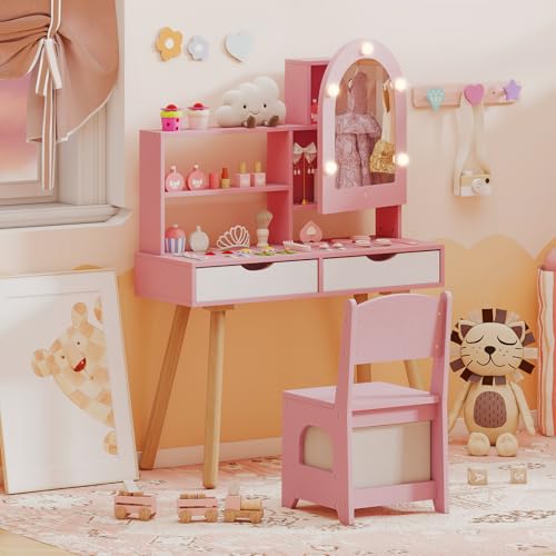 Image of Costzon Kids Vanity with Lights, Girls Vanity Set with Mirror Cabinet, Storage Drawers, Hooks & Shelves, Toddler Makeup Vanity Desk Dressing Table, Wooden Kids Vanity Table and Chair Set (Pink)