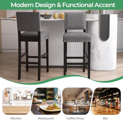 Giantex GT11371GR-2-JV Bar Stools Set Of 2, 30 Inch Bar Height Stools With Solid Rubber Wood Legs & Footrest, Modern Linen Fabric Bar Dining Chairs, Rivet Upholstered Barstools thumb #6