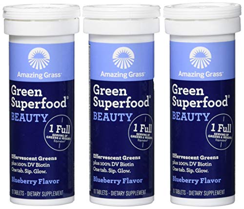 Amazing Grass Effervescent Tablets, Green Superfood Water Flavoring Tablet, Beauty Blend with One Serving Of Alkalizing Greens, Blueberry Flavor, 30Count, 3Count (Pack Of 8)