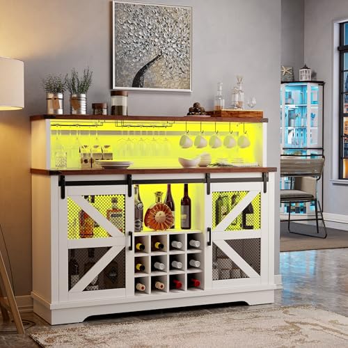Farmhouse Coffee Bar Cabinet with LED Lights55 Wine Bar Cabinet with 12 Wine Racks and Metal Glass HolderWhite Kitchen Buffet Cabinet with Sliding Barn Door for Dining Living Room