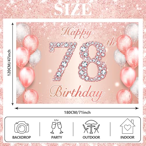 Image of Happy 78th Birthday Rose Gold Banner Cheers to 78 Years Old Backdrop Confetti Balloons Theme Decor for Women 78 Years Old Pink Birthday Party Decorations Bday Supplies Background Favors Gift Glitter