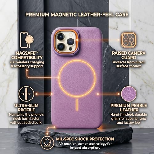 Image of amazon basics Luxury MagSafe Compatible Leather Texture Back Cover for iPhone 13 Pro | Raised Camera Protection | Slim Fit Shockproof Case with Metallic Accents (Purple)