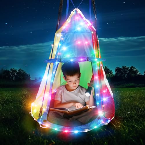 Liliful 39 Inch Kids Hanging Tent Saucer Swing with LED Lights, 600 LBS Capacity Outdoor Saucer Tree Swing, Detachable Tree Swing Tent for Kids Adults Indoor Outdoor Backyard