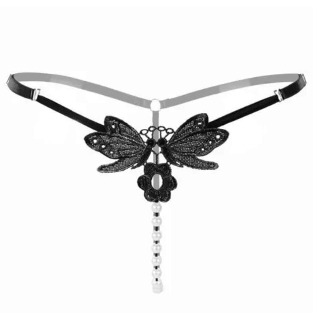 Vanni Sexy Tanga Bikini Bordado Mariposa Perlas Set 2 Piezas Uni Talla (Negro)