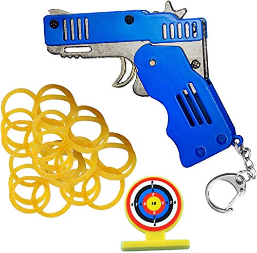 2 Pieces Mini All Metal Rubber Band Toy Gun, Easy Load Foldable Toy Gun， Mini Metal Rubber Band Toy Gun With Keychain ，And Rubber Band 200Pcs (Black+Blue) #TOP5