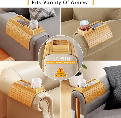 Image of Trendy Trays Bamboo Sofa Armrest Tray - 2 in 1 Couch Arm Tray with Detachable Couch Cup Holder - Anti-Slip Foldable Sofa Rectangular Table Tray - Holder for Drinks Cup Cellphone Remote Snacks, Beige