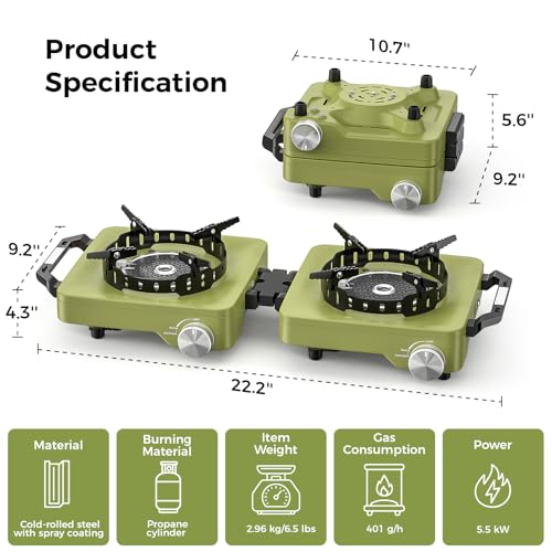 Image of MoKo Camping Stove 2 Burners, 36000BTU Propane Camp Stove with Windproof Grates, Portable Folding Camping Gas Stoves Include Frying Pan & Carry Bag for Camp out, Cooking Outdoor, Tailgating, Green