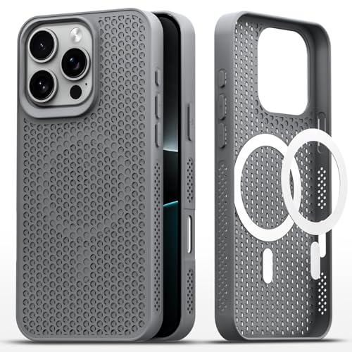 Image of Outlouders Back Cover for iPhone 16 Pro Max | Honeycomb Cooling Design | Silicone Heat Dissipation | Mag-Safe Compatible | Shockproof Camera Protection Bumper Case (Grey Mag-Safe)