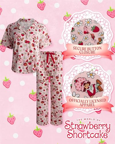 Image of COCO BRANDS Strawberry Shortcake Womens Pajama Sets - 2 Piece Soft Stretch Button Down Sleep Shirt and Pajama Pants
